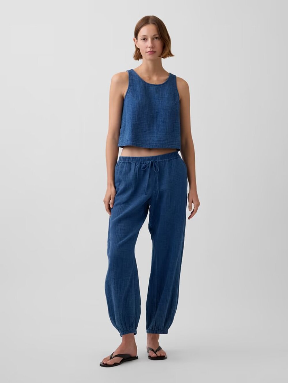 Cotton Gauze Blue Easy Barrel Joggers in Blue